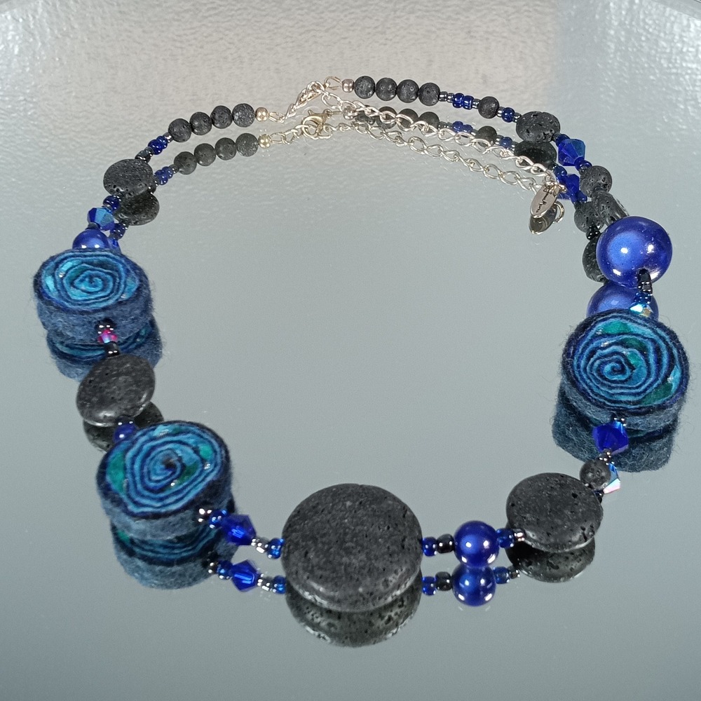 Jana Maria Blue Lava Stone Felt Rose Beaded Necklace